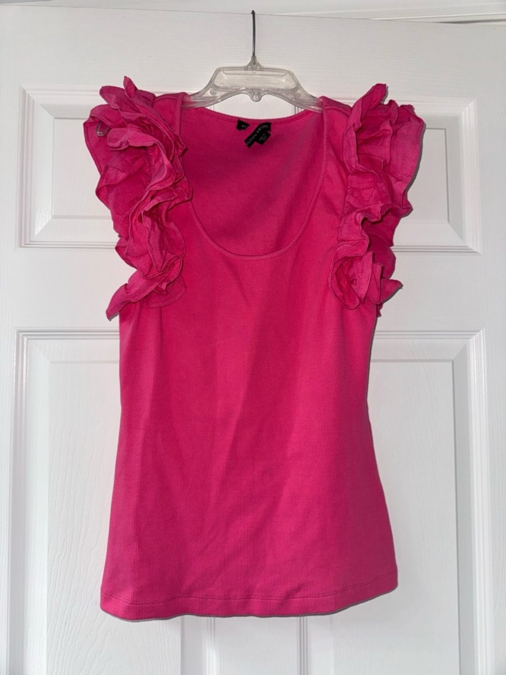 Boston Proper Dark Pink Linen Ruffle Ribbed Top! - Picture 2 of 3